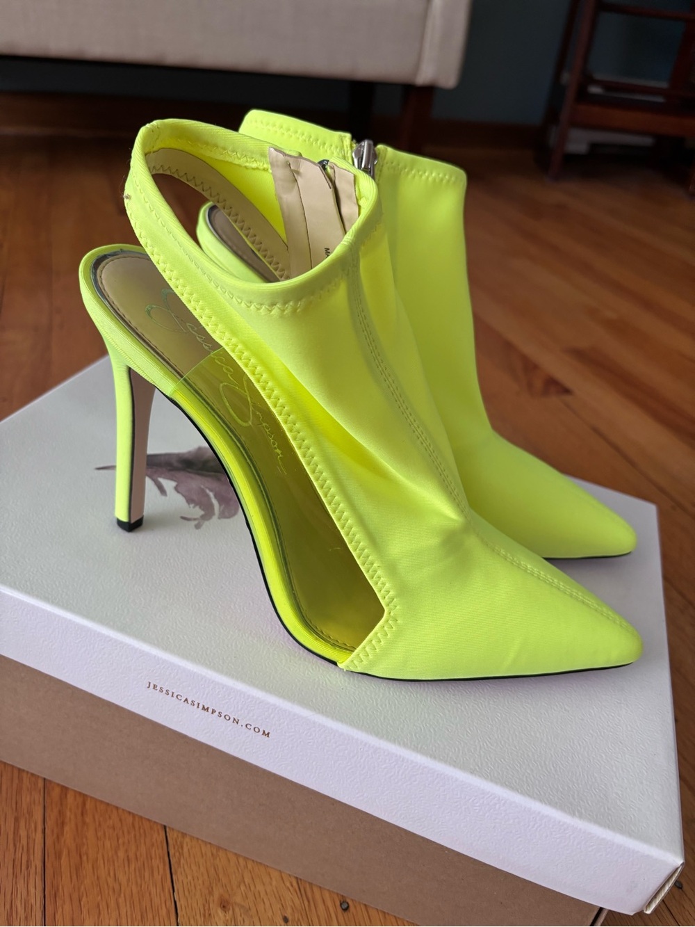 Jessica Simpson Neon Yellow Pointed Slingback Stiletto Booties